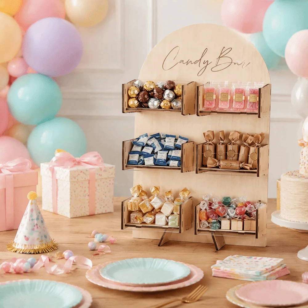 4/6Grids Candy Display Stand Desktop Rack Easy Install Candy Bar Stand Holder Wood Detachable Dessert Snack Display Box