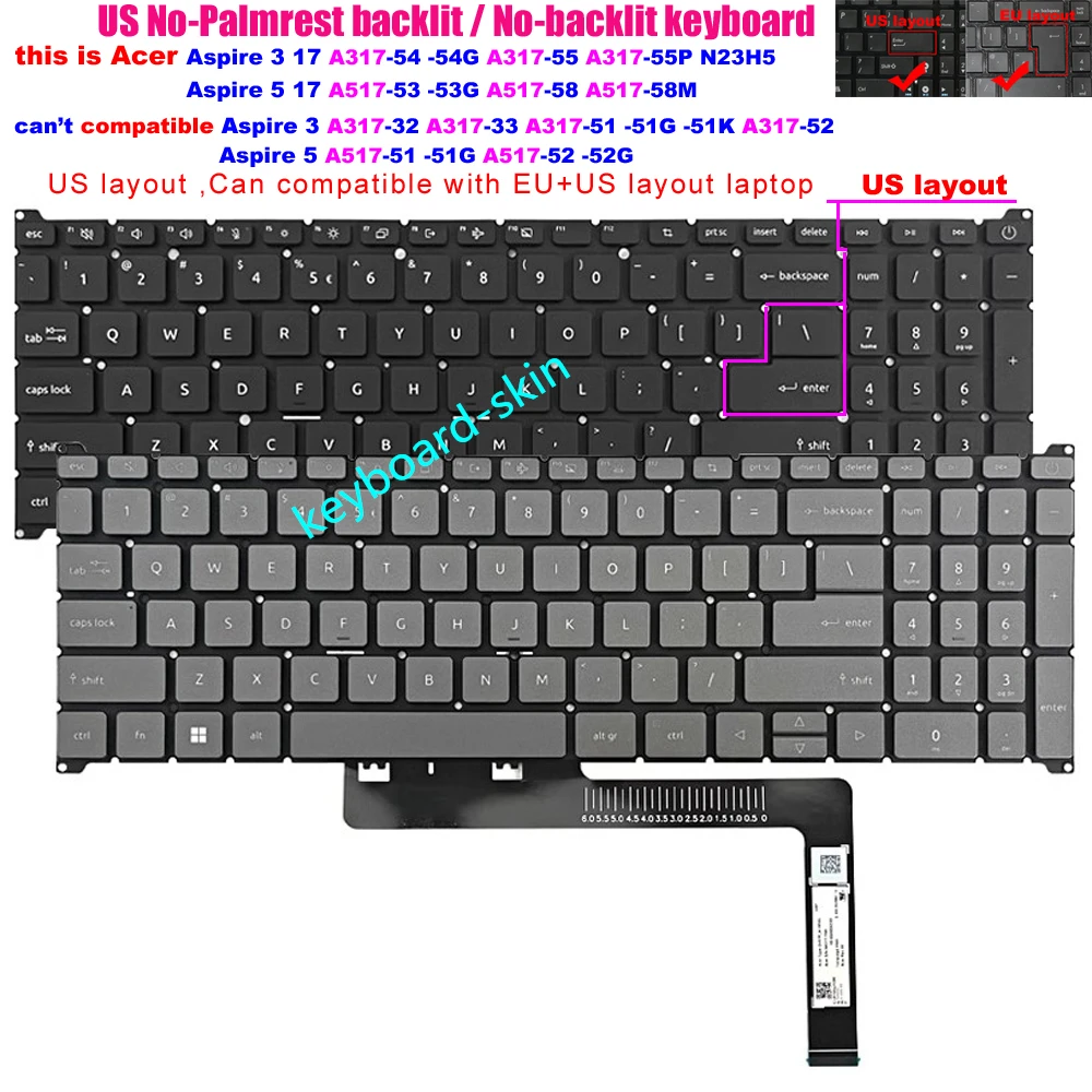 US Backlit No-backlit Keyboard For Acer Aspire 3 17 A317-54 A317-54G,A317-55 A317-55P N23H5 A517-53 A517-53G,A517-58 A517-58M