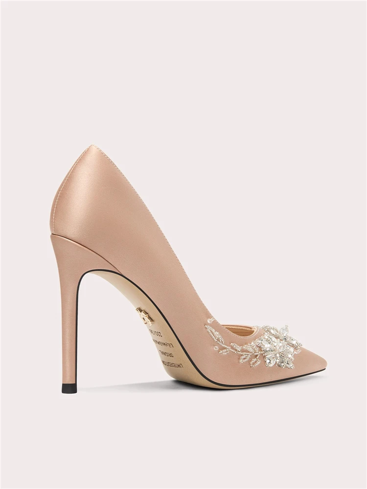 Stiletto spring new pointed printed rhinestone beaded bow flat shoes banquet large size small size widened version women's shoes
