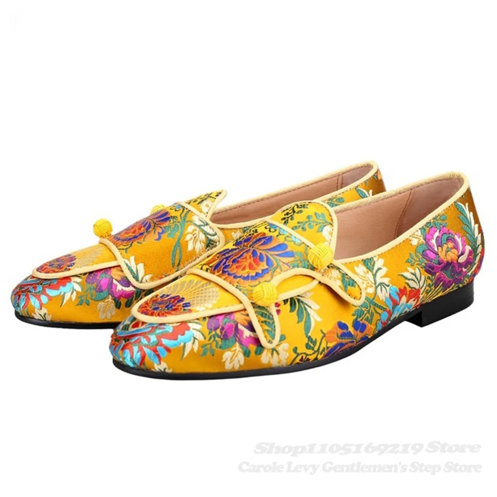 Floral Print Embroider Leather Business Party Casual Loafer 2025 New Chinese Style Silk Handmade Buckle Formal Shoes for Men