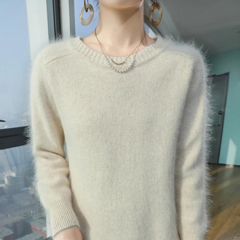 

Женский пуловер из 100% норкового кашемира с круглым вырезом, однотонный осенне-зимний свитер, утепленная внутренняя одежда с длинными рукавами, мягкая теплая одежда