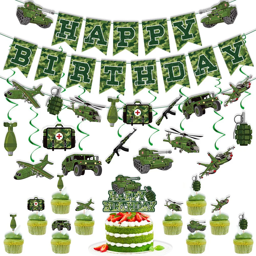 Army Party Set Military Birthday Decorations Camouflage Garlands Soldier Cake Topper Food Picks Hanging Swirls Supplies