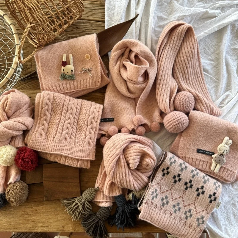 Solid Pink Girls Knit Scarf Cartoon Rabbit Brooch Pom Pom Tassel Warm Neck Kids Wrap Soft Warm Children Winter Neck Scarves