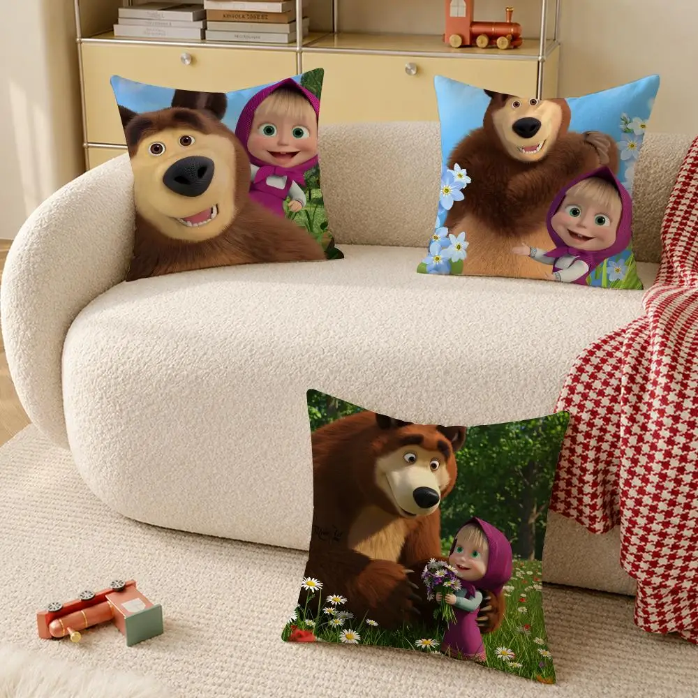 M-Masha And B-Bears Cushion Cover Wrinkle-Resistant Short Plush Cushion Covers Breathable Machine-Washable