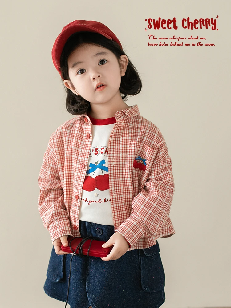 

Girl's Cartoon Embroidered Plaid Shirt 2024 Spring Children's Cute Breathable Loose Top