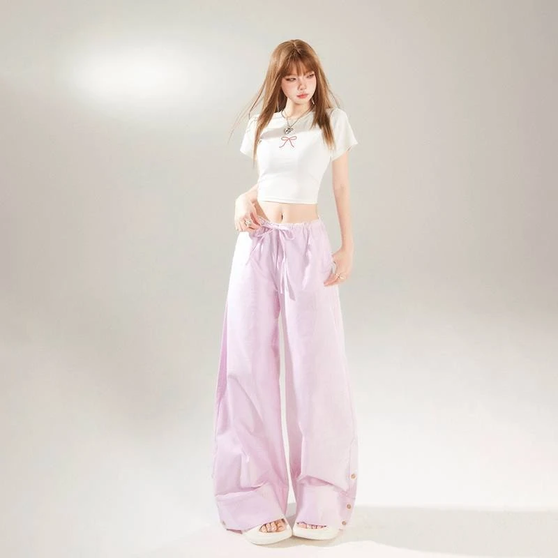 الرجعية منخفضة الارتفاع مخطط واسعة الساق السراويل عادية الدانتيل الرباط ثنى Y2K نمط الربيع الصيف المرأة الملونة فضفاضة تناسب بنطلون