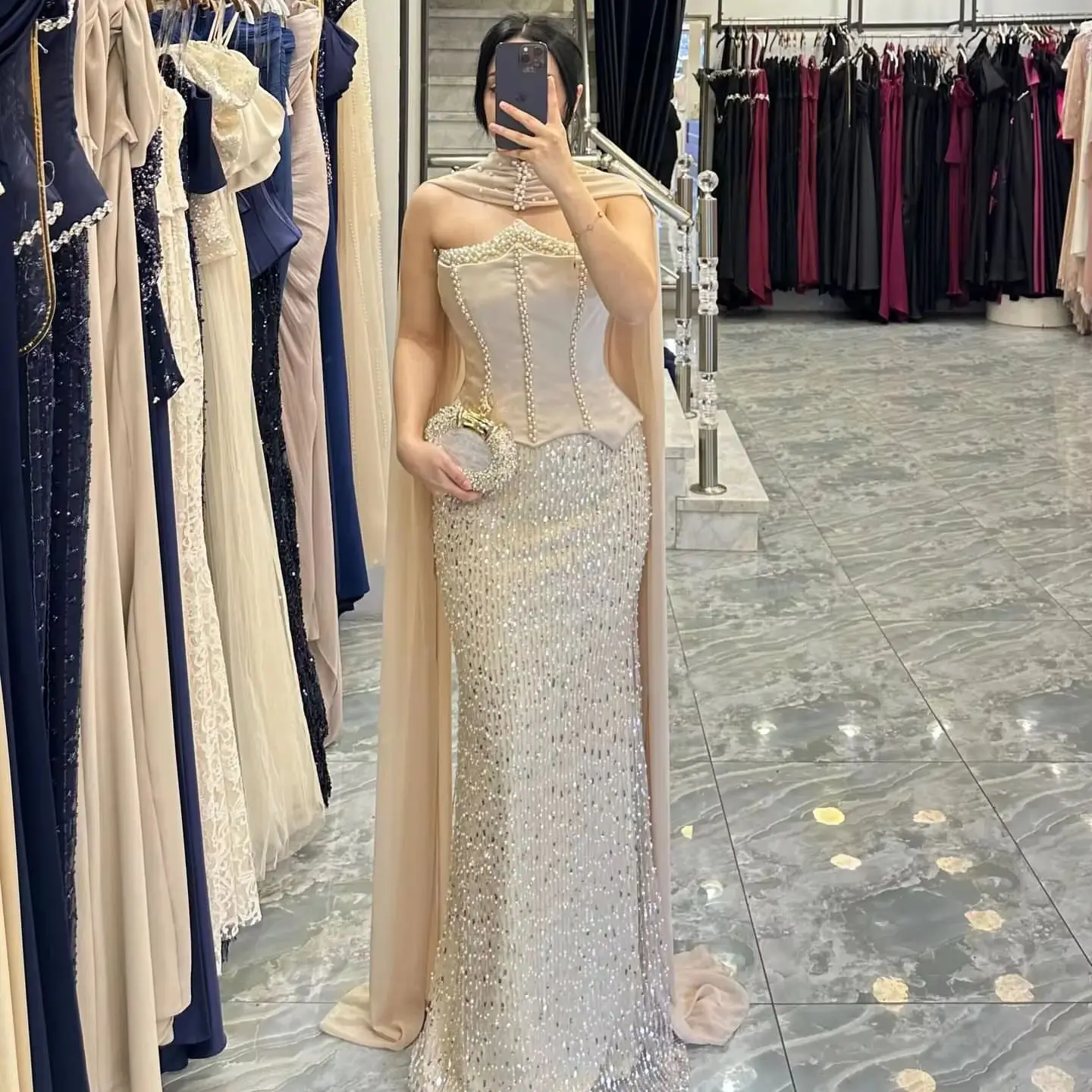 

Pearls Strapless Champagne Evening Dress 2026 New Customized Mermaid Elegant Party Dress Long Wedding Guest Gown With Scarf Robe