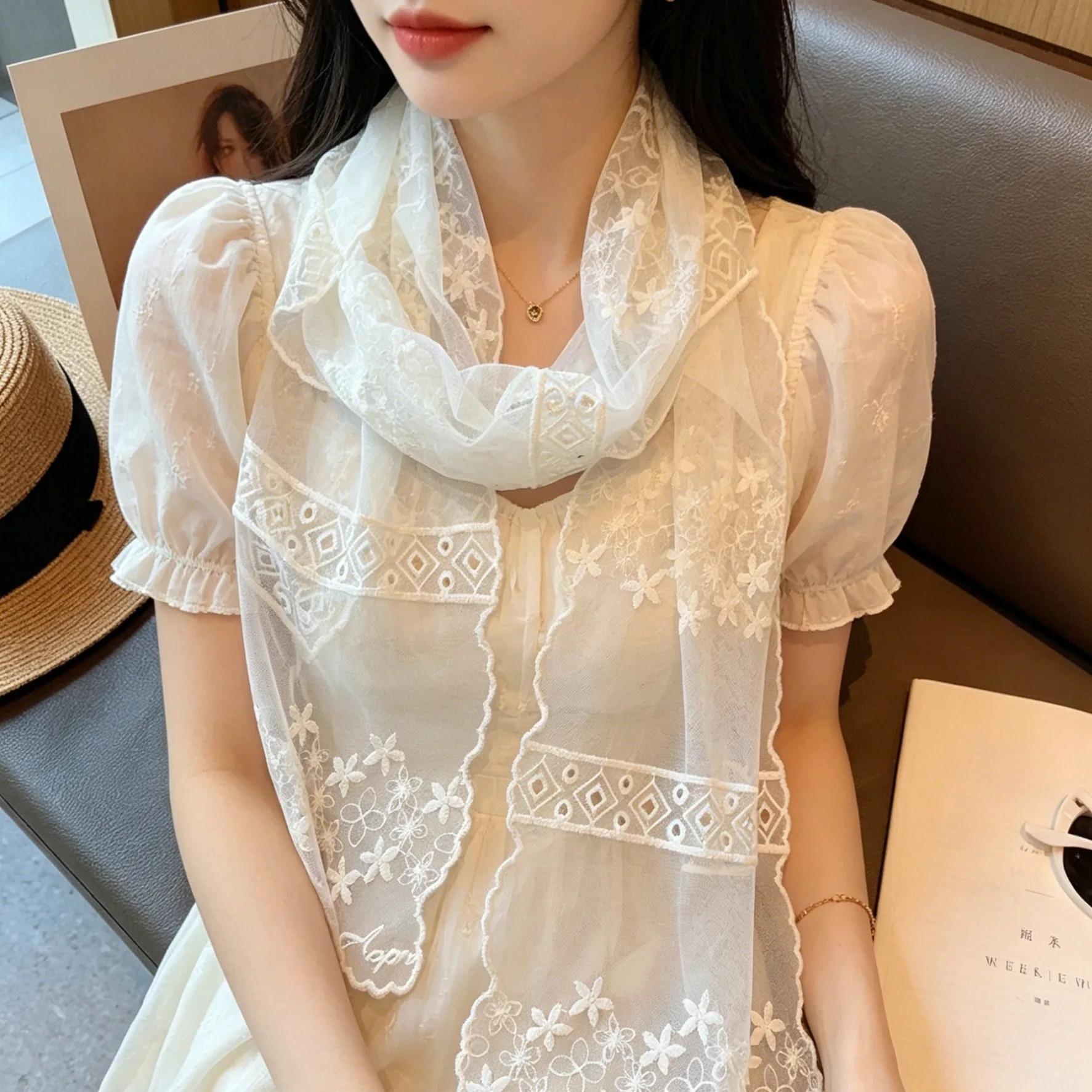 Embroidered Lace Scarf Lightweight Sheer Wrap for Women Spring Summer Air Conditioning Shawl Neck Scarf Travel Photo Prop
