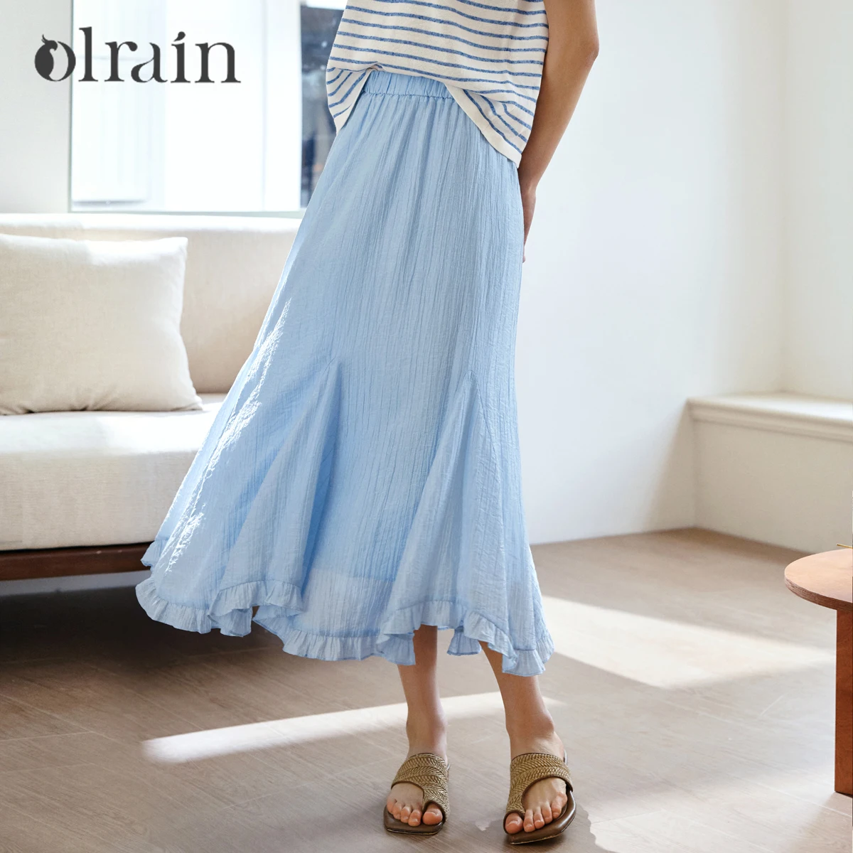 

OLrain Lyocell Women Vacation Style Blue Skirt 2026 New Elastic Waist Patchwork Ruffle Hem Casual Mid Long Skirt O58XB000682