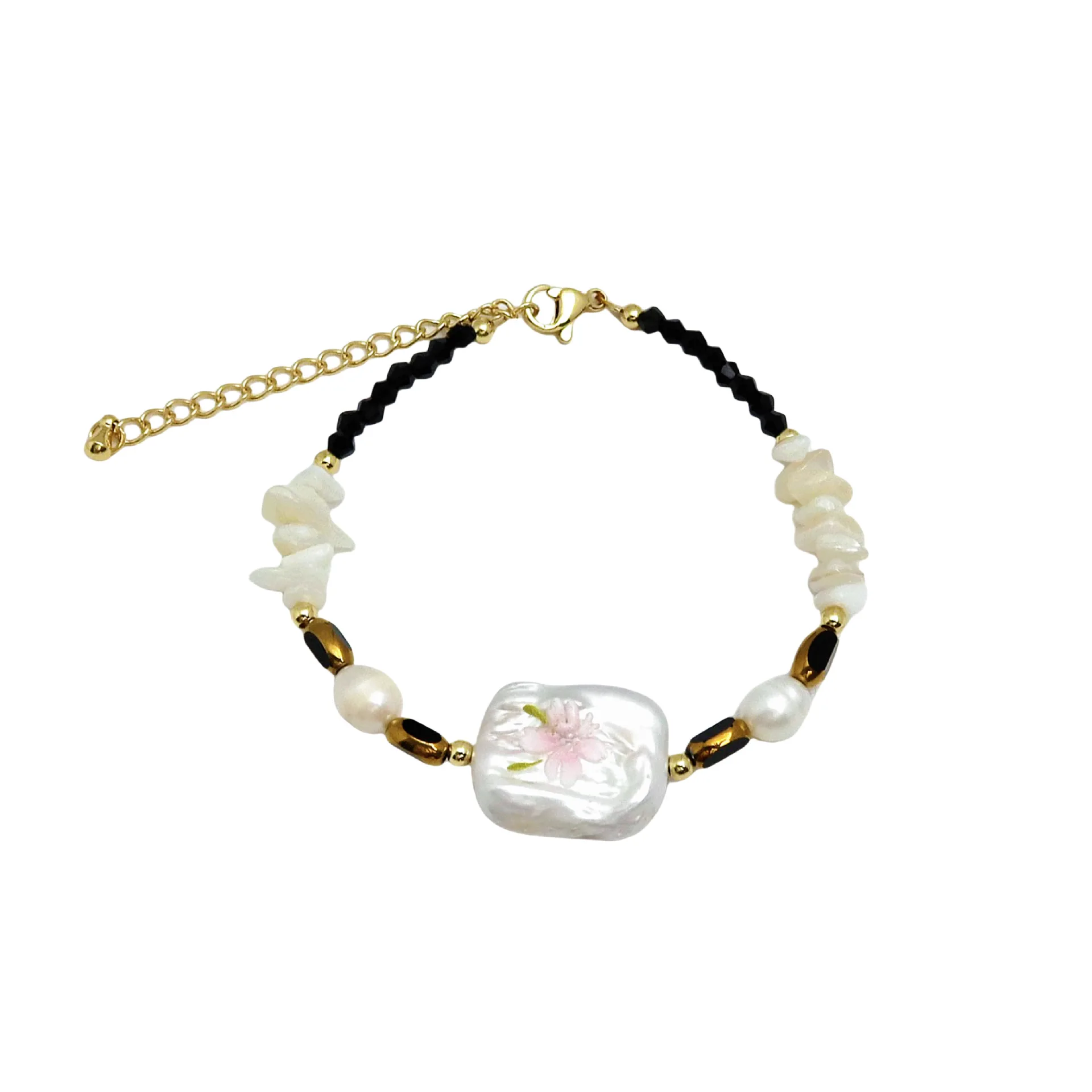 

Kitykiss hand-painted original square baroque freshwater pearl black spinel bracelet/necklace, steel plated with 14K real gold