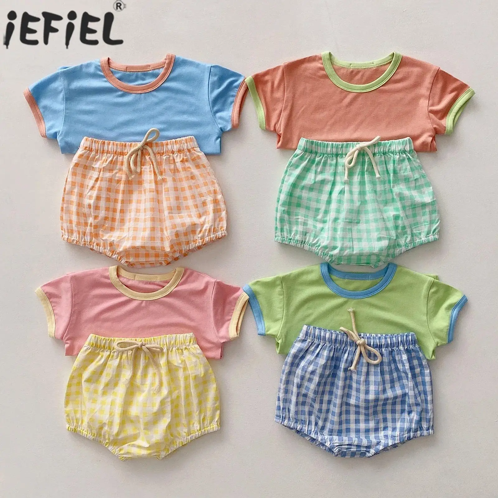 

Baby Girls Boys Summer Casual Outfit Short Sleeve Soft Cotton Tees Top with Plaid Bottoms Daily School Wear Homewear Sleepwear