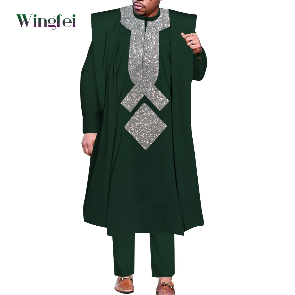 African Men Boubou Dashiki Agbada Robe Suits 3 Piece Sets Slim Men African Outfit Nigerian Clothes Bazin Riche Robe WYN1361