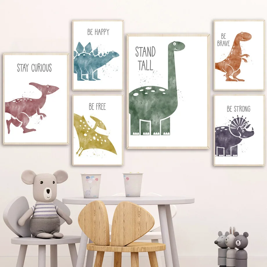 

Cute Dinosaur Cartoon Animal Wall Art Canvas Painting - Nordic Nursery Poster Boys Kids Kawaii Room Decor