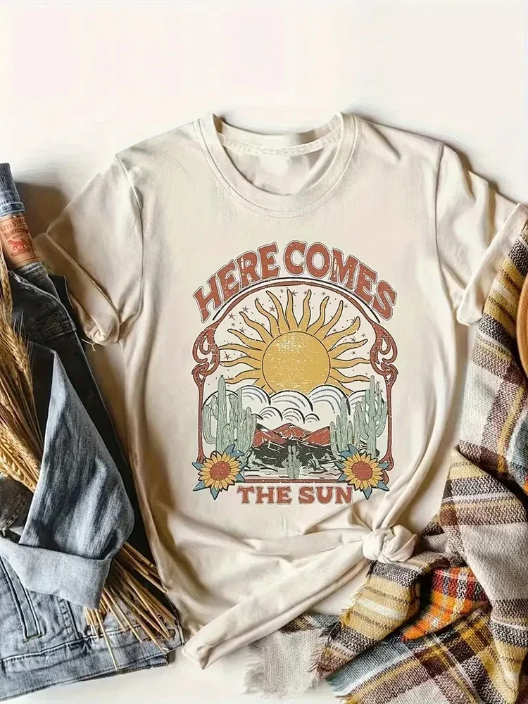 Here Comes the Sun Graphic Tees Western Plus Size Women Vintage Aesthetic Clothes Hippie Boho T Shirt Cotton Retro Tops Grunge