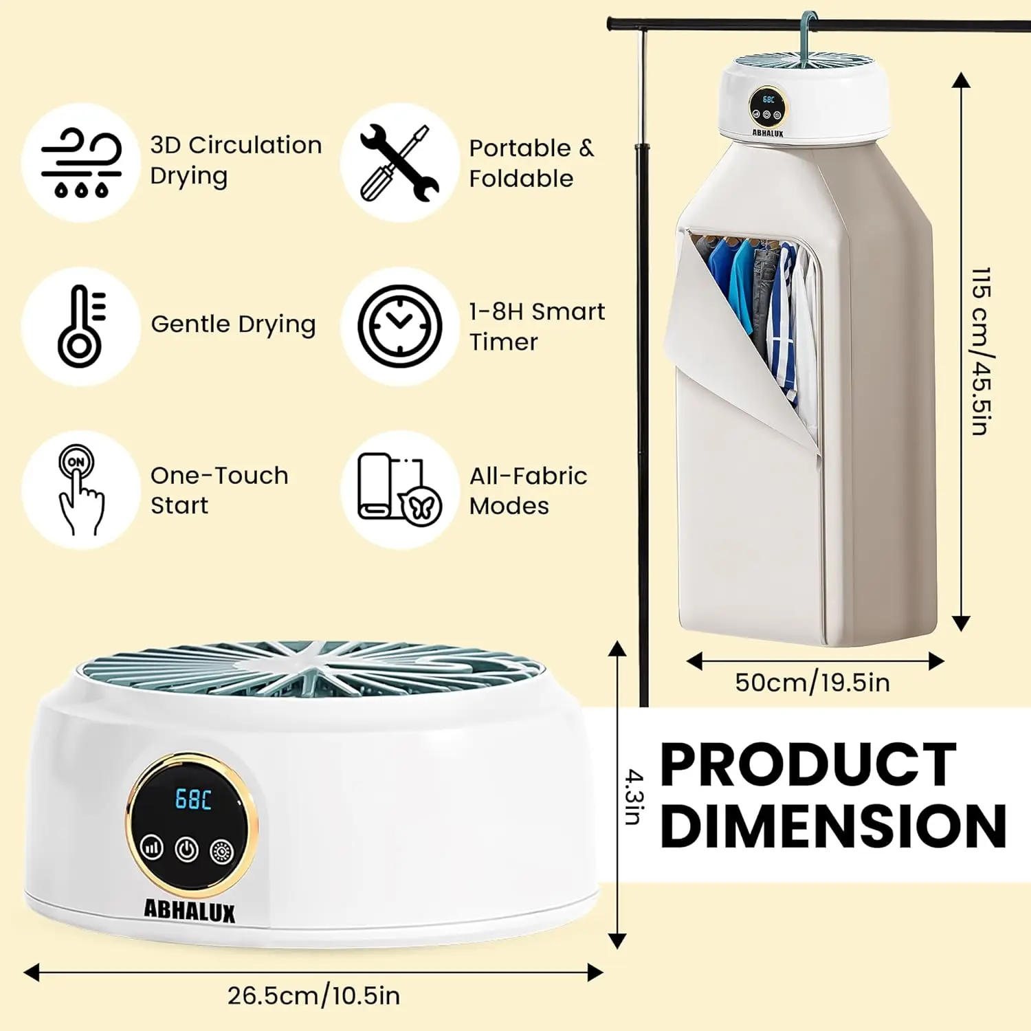 مجفف ملابس صغير محمول، مجفف كهربائي مدمج للشقق والسفر، سريع الجفاف مع مؤقت قابل للتعديل والعناية بالتجاعيد