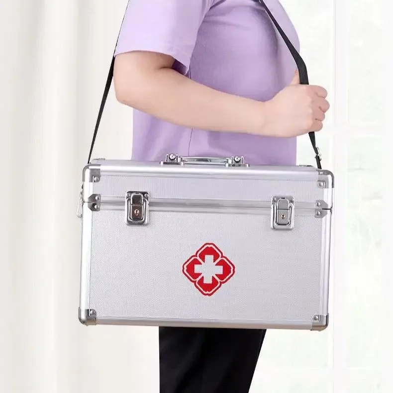 صندوق دواء فضي من الصلب يرتدون الزاوية طقم الطوارئ المنزلي سبائك الألومنيوم قفل صندوق تخزين صندوق طبي متعدد الطبقات