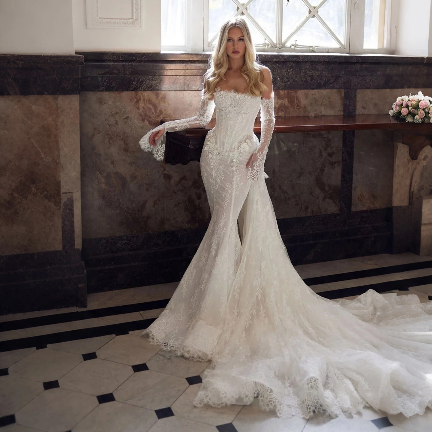 Sharon Said Luxury Lace Wedding Dress Mermaid Strapless Detachable Sleeves 3D Floral Corset Train Bridal Gowns SW671 Customized