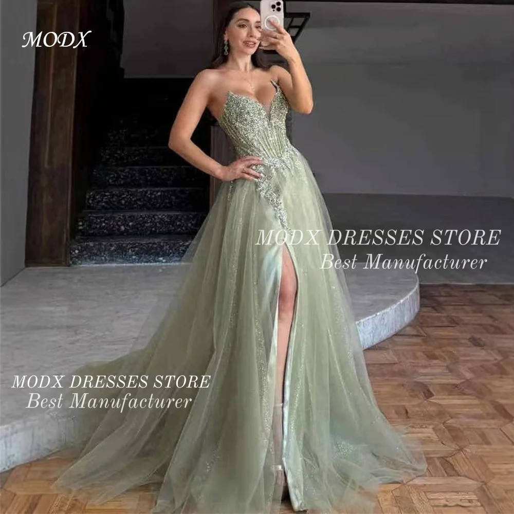 MODX 高級セージグリーンビーズ装飾ハイ スリットアラビア風イブニングドレス カスタムメイドノースリーブ女性用パーティードレス フォーマルセレブリティガウン Q