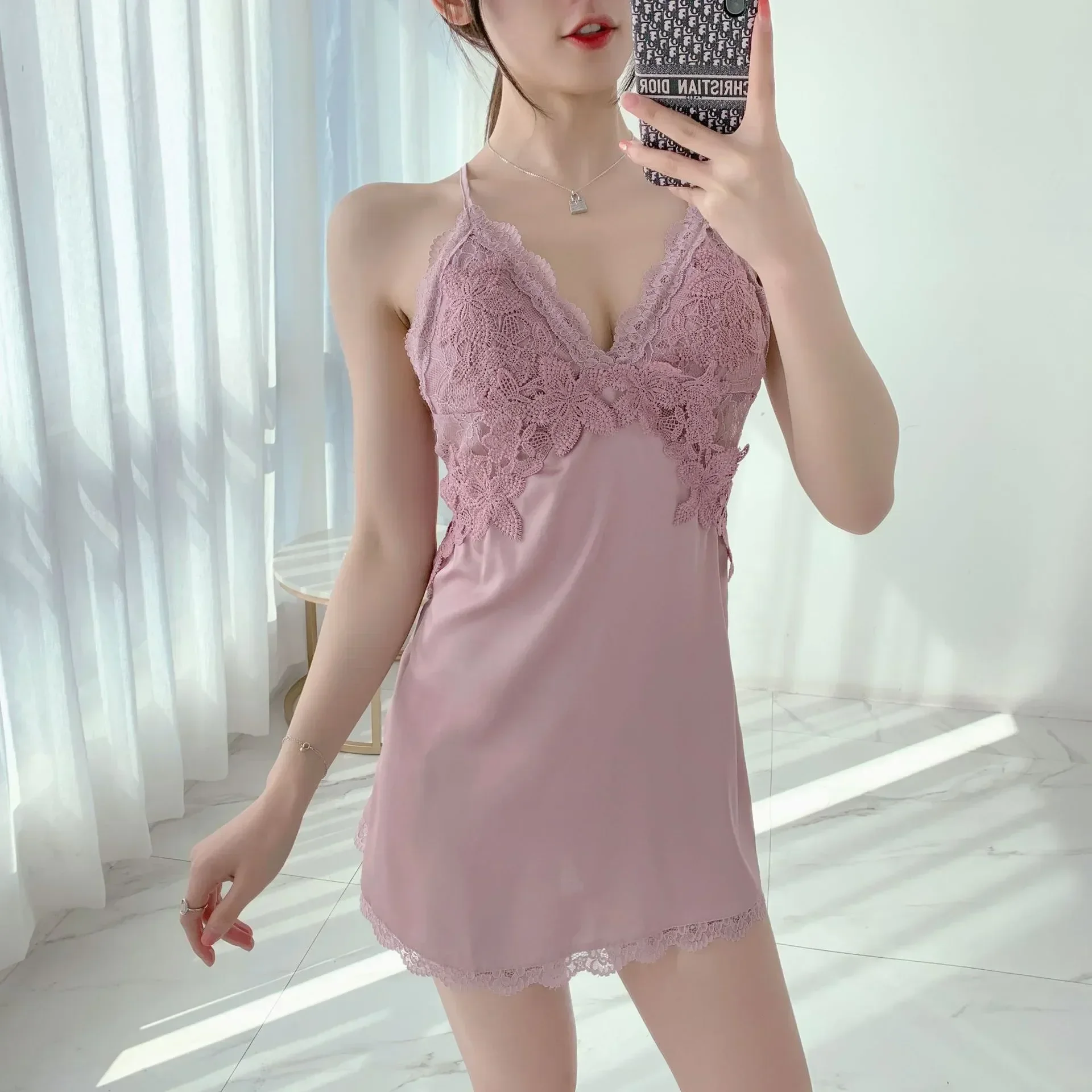 Spaghetti Women Out Rayon Mini Lace Strap Hollow Dressing Sexy Homewear Sleepshirt Home Floral Gown Nightgown