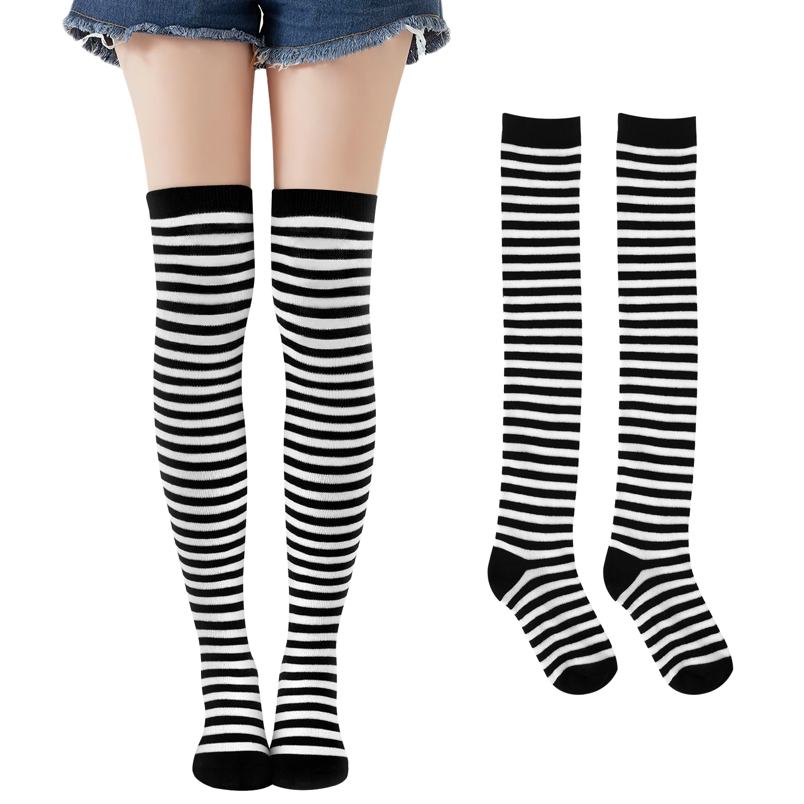

Black White Pinstriped Thigh High Stockings Women Warm Over Knee Socks Classic Trendy Costumes Cosplay Festival Christmas Stage