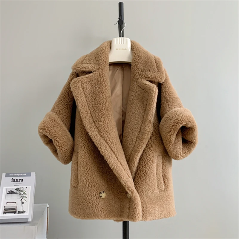 Winter Teddy Bear Coat Women Alpaca Wool Cloak Loose Thick Warm Real Fur Outerwear Max camel Teddy Cape Camel Fur Coat  TD5846