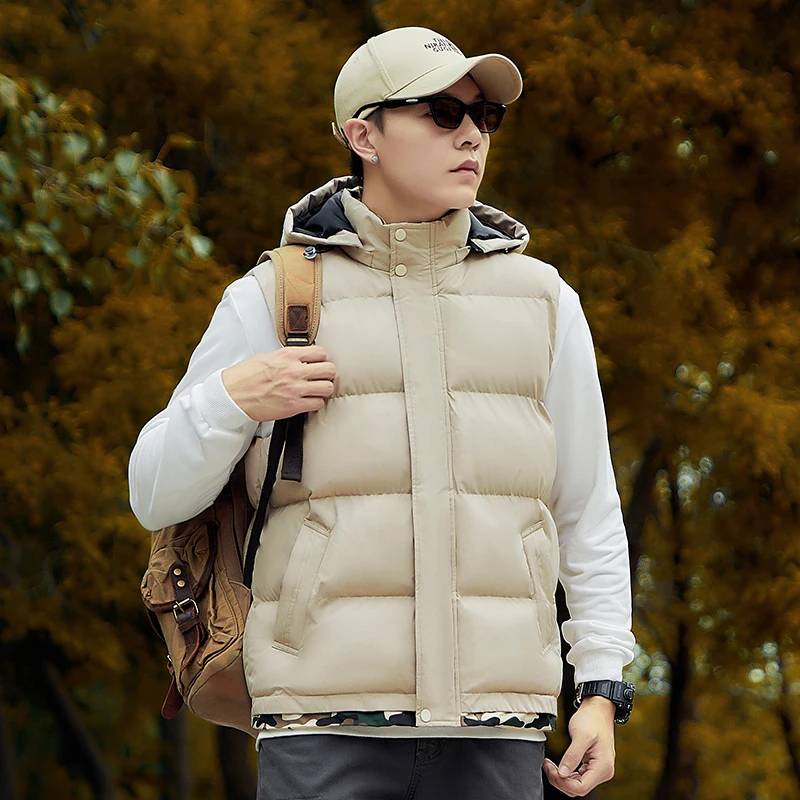 2024 new winter hooded cotton vest young men's camouflage casual trend with thick fleece wind vest detachable hat