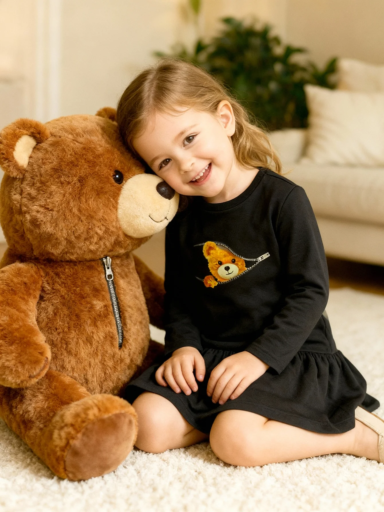 Spring Autumn Girls Clothes Bear Motif Ruffle Hem Long Sleeve round Neck Simple Fashion Girls Dress Children's Clothing