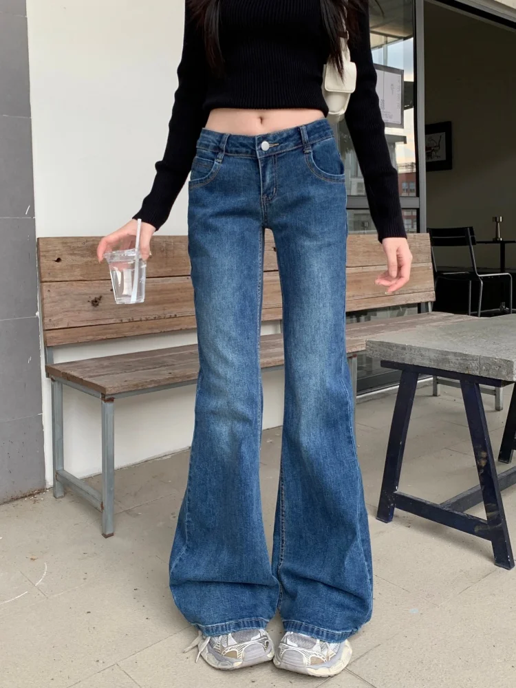 

2025 Ropa Y2K Fashion Vintage Blue Low Rise Slim Flared Women's Jeans Pants Korean Casual Elegant Woman Clothing Denim Trousers