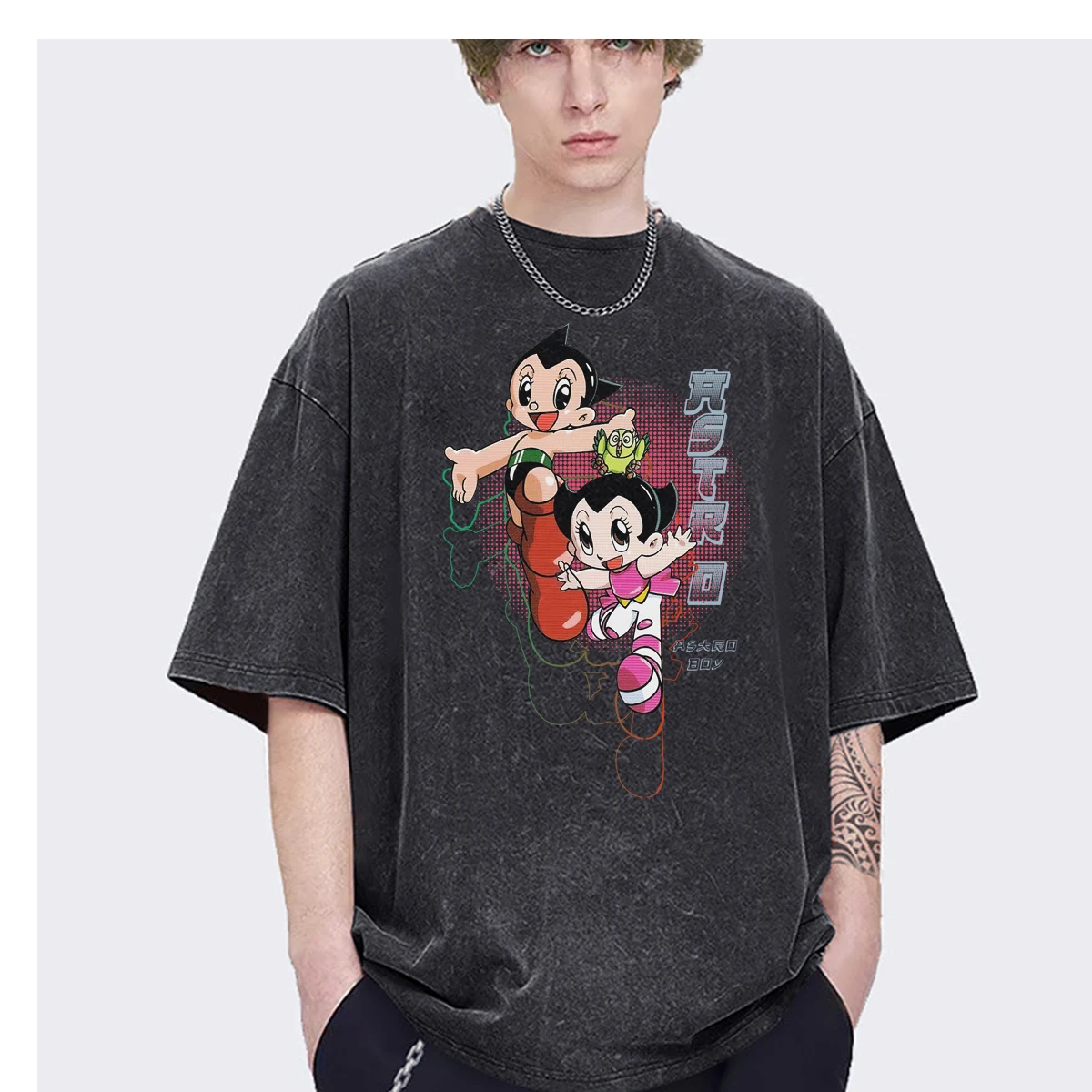 Japanese Animation Iron Wall A-Astro Boy Street Pattern Oversized mens t-shirt womens Fashion Casual Vintage Washed Cotton Tees