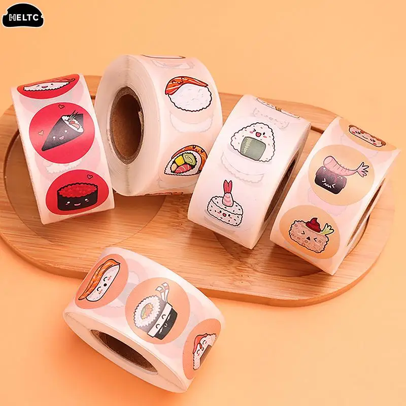 1Roll /500sheets Circular Cartoon Sushi Pattern Sticker Birthday Wedding Decor Sticker Baked Dessert Lunch Box Label Sticker