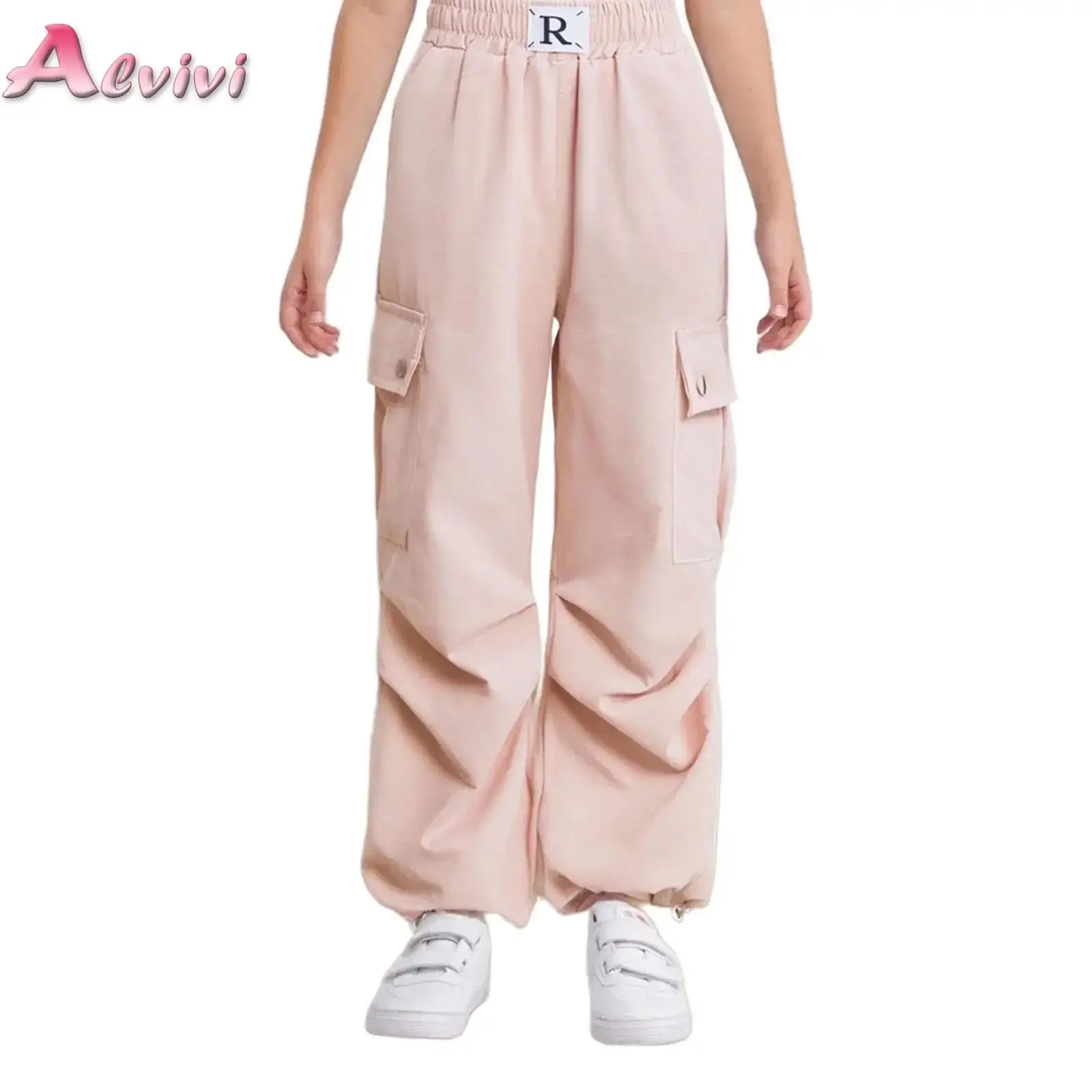

Kids Girls Fashion Ruched Cargo Pants Elastic Waistband Wide-Leg Trousers Summer Autumn Fashion Streetwear Loose Casual Pants