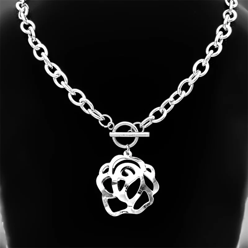 Exaggerated Flower Hollow Pendant Necklace Earrings Set For Women Stainless Steel Silver Color 2-Layer Jewelry Party Gift