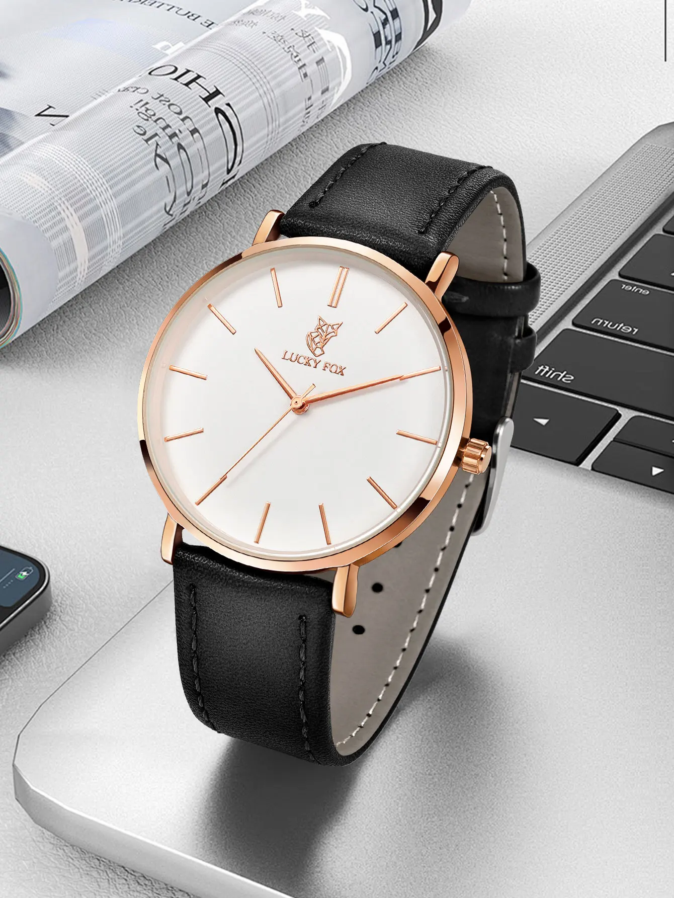 LUCKY FOX 2PCS ساعات الزوجين ساعات الأعمال الرجالية مؤشر الموضة ساعات الكوارتز النسائية هدية عيد الميلاد مجموعة صناديق الهدايا