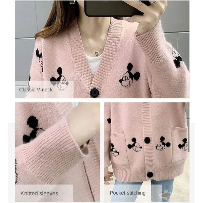 Disney Mickey Mouse Sweater Cardigan Women Cute Cartoon Fashion Long Sleeve Tops Knitted V Neck Y2K Warm Winter Autumn Sweater