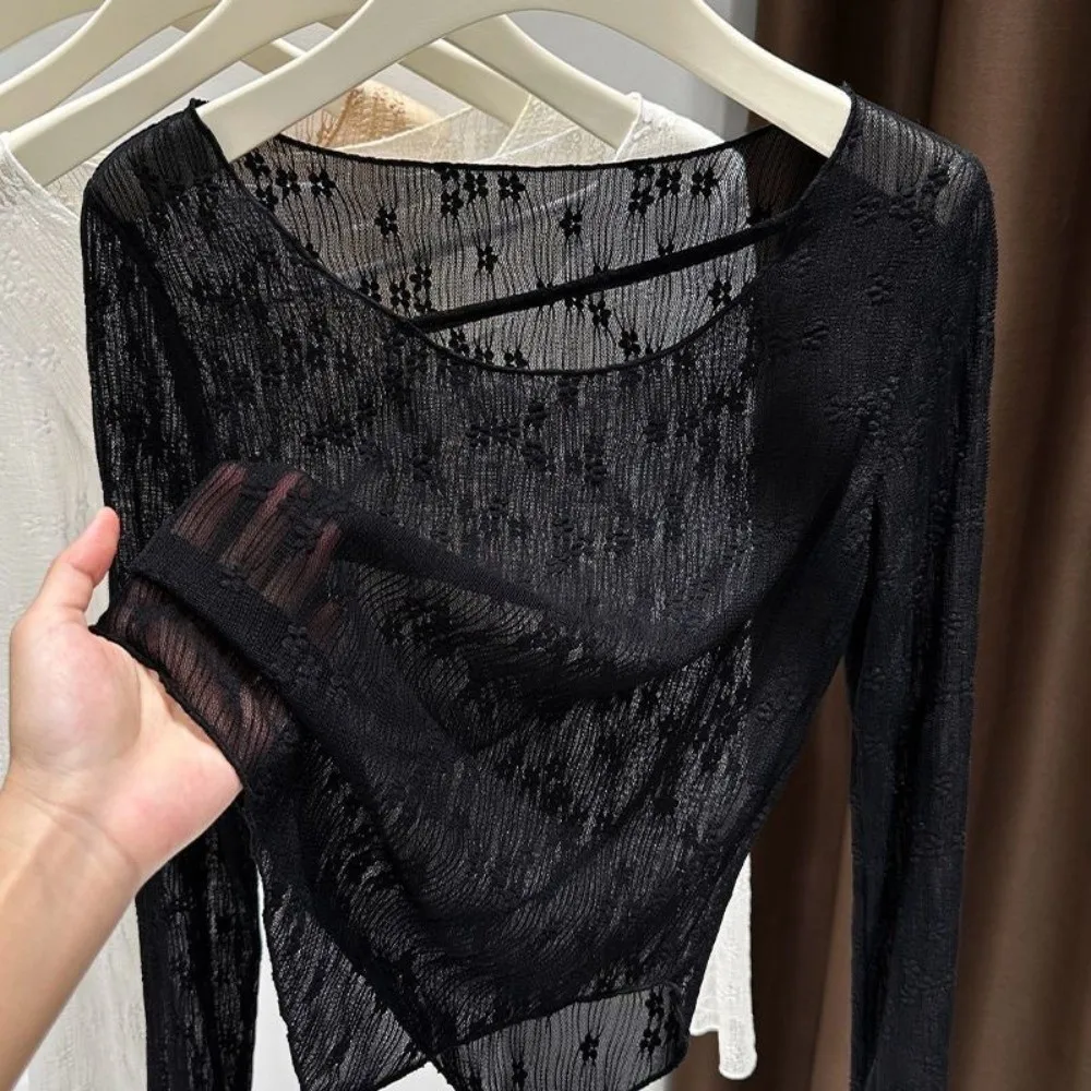 Fashion Long Sleeve Lace Sheer Top Round Neck Solid Color See Through Top Thin Slim-fit Beach Sun-protection Cover-up