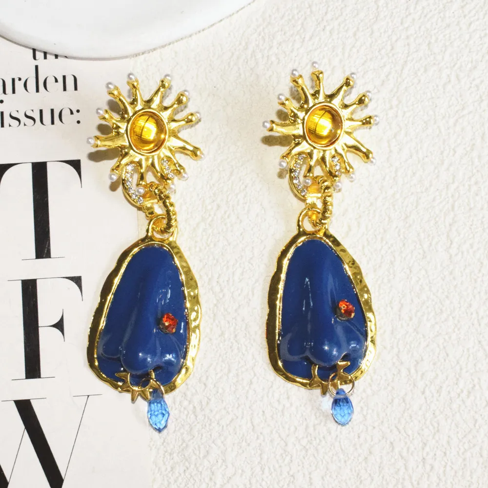 Übertriebene blaue Rosenförmige Tropfen-Ohrringe für Damen, Schmuck, Barock-Stil, Party-Show, Statement-Ohrringe, Zubehör – Detail 5