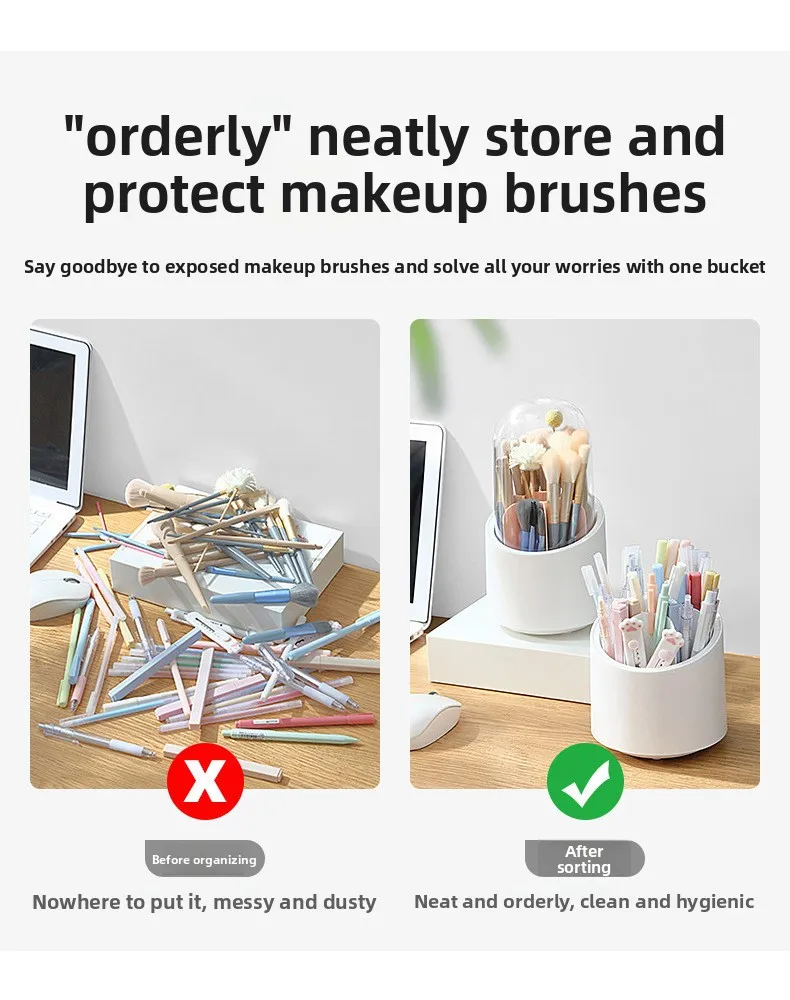360° Rotating Makeup Brush Holder Large Capacity, Dustproof Cosmetic Storage Organizer, Multi-Compartment Desktop Pen Holder view 6