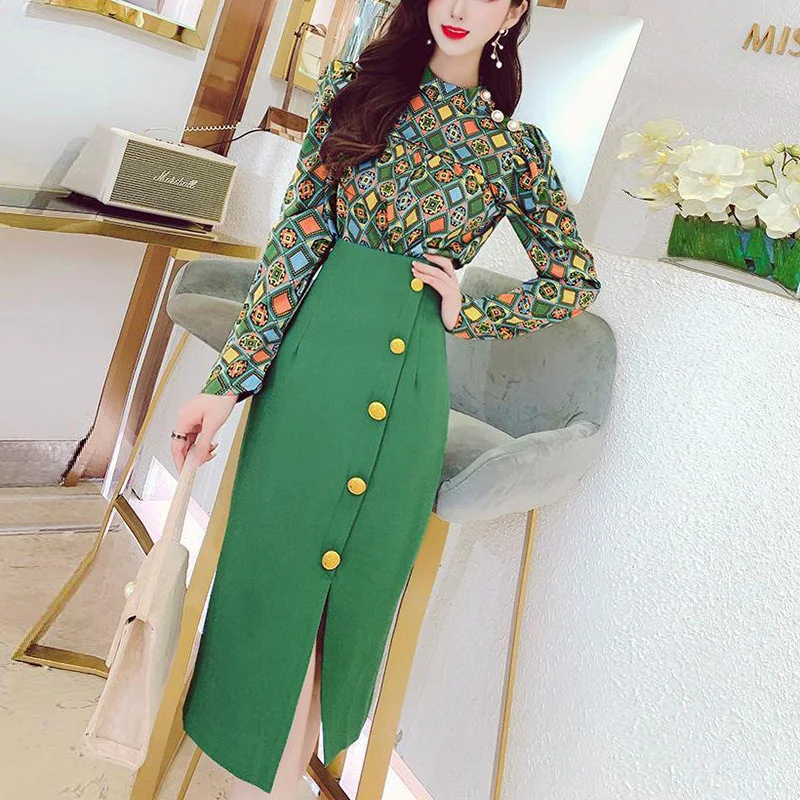 

Spring Autumn Stand Collar Elegant Fashion Floral Printing Shirt High Waist Temperament Solid Color Breasted Slit Bodycon Skirt