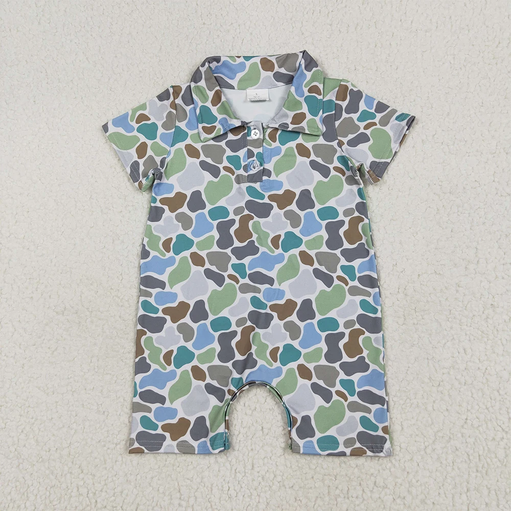 

Baby Boys Short Sleeve Camo Romper Blue Green Infant Polo Outfit with Buttons for Newborns And Toddlers