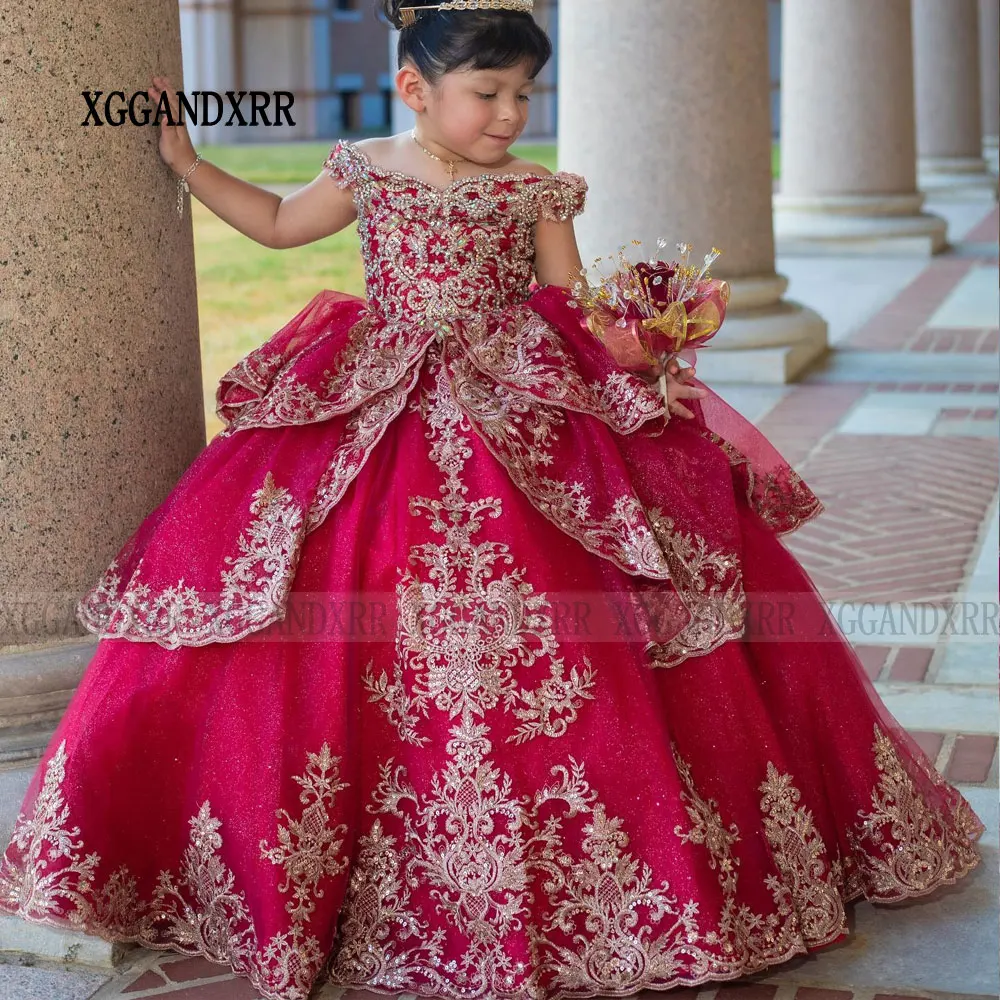 Mini robe de Quinceanera de style arabe saoudien pour petite fille, robes de demoiselle d\'honneur rouge vin sur mesure, robe de princesse pour fête