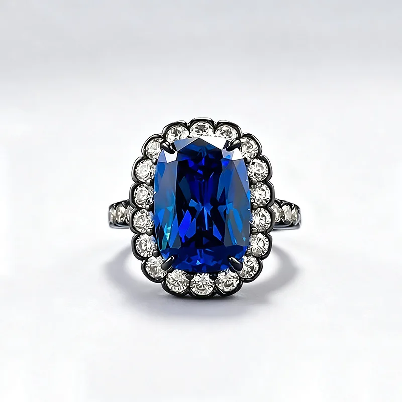 925 Sterling Silver Black Plated Ring 10*14mm Oval Royal Blue Zircon Halo Full Paved Band Vintage Luxury Cocktail Women Jewelry