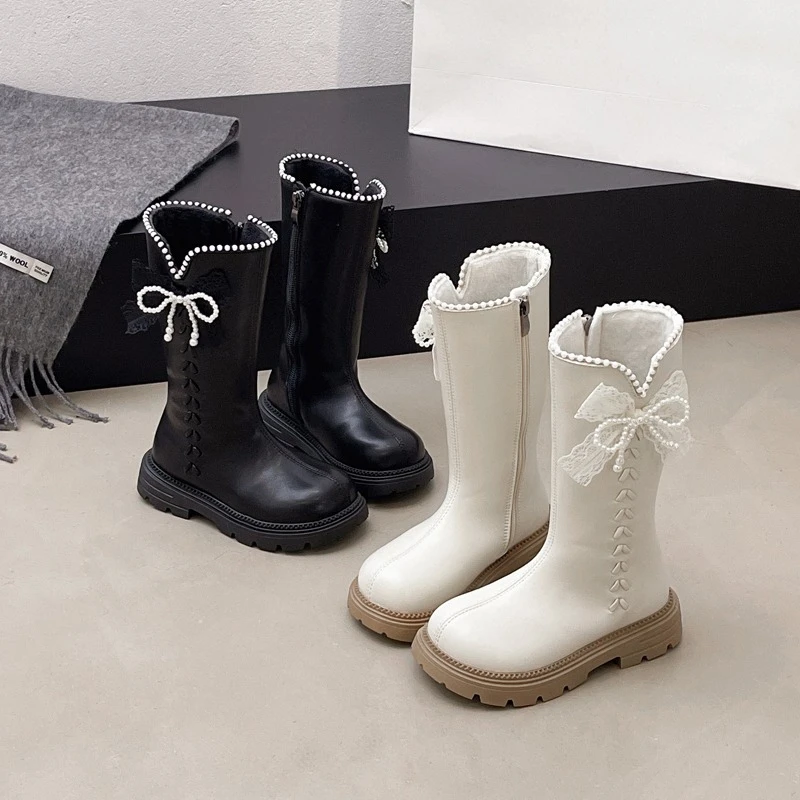 

New Kids Shoes Boots for Girl Sweet Lace Bowknot Children Fashion Platform Long Boots Elegant Princess Toddlers Mid-calf Boots