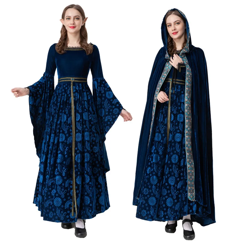 

New Vintage Court Women Noble Dress Medieval Witch Cosplay Costume Victorian Lace Patchwork Flare Sleeve Carnival Party Dresses