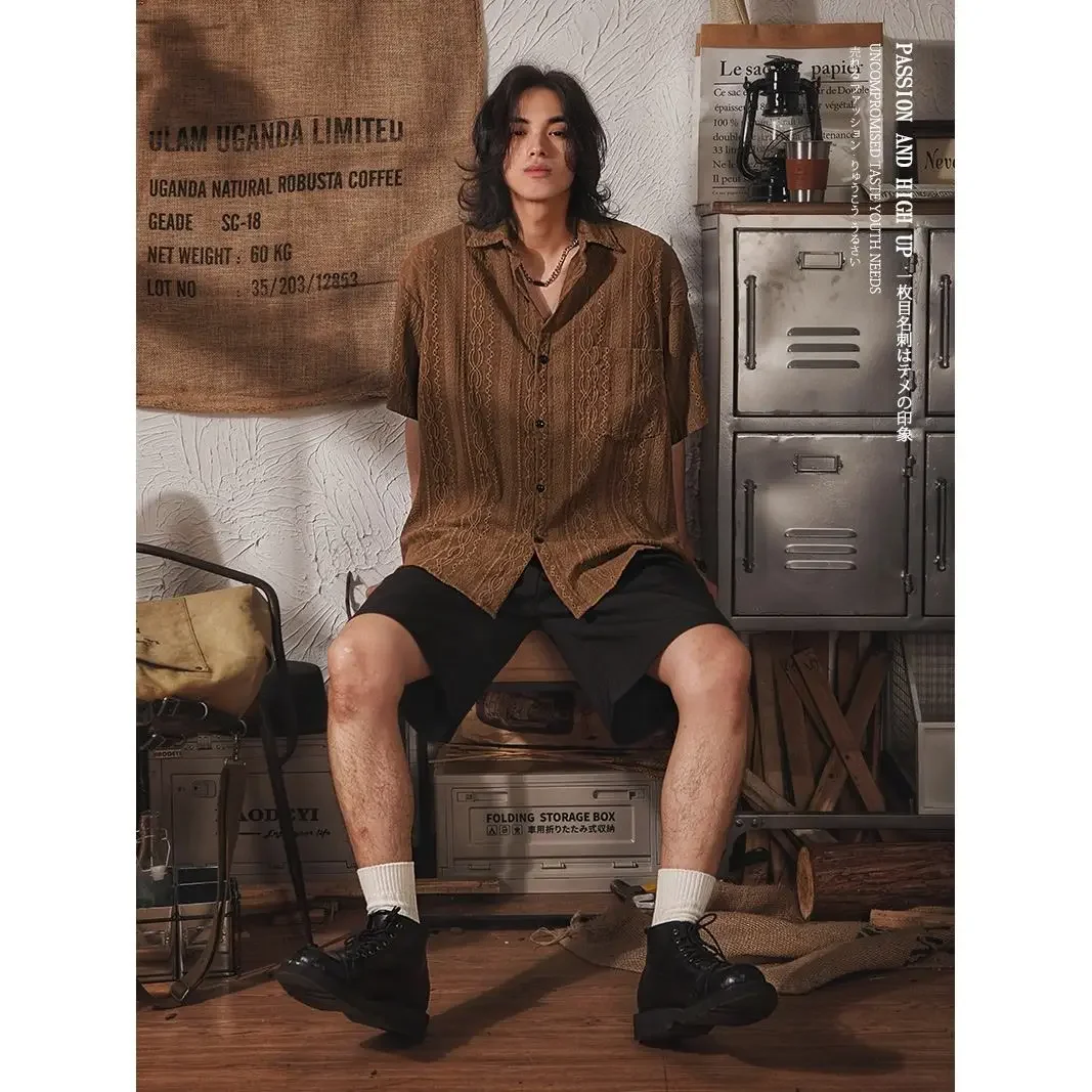 Japanese Vintage Hollow Design Short Sleeved Shirt For Men Summer Korean Casual Loose Men's Shirt Streetwear Men Clothing