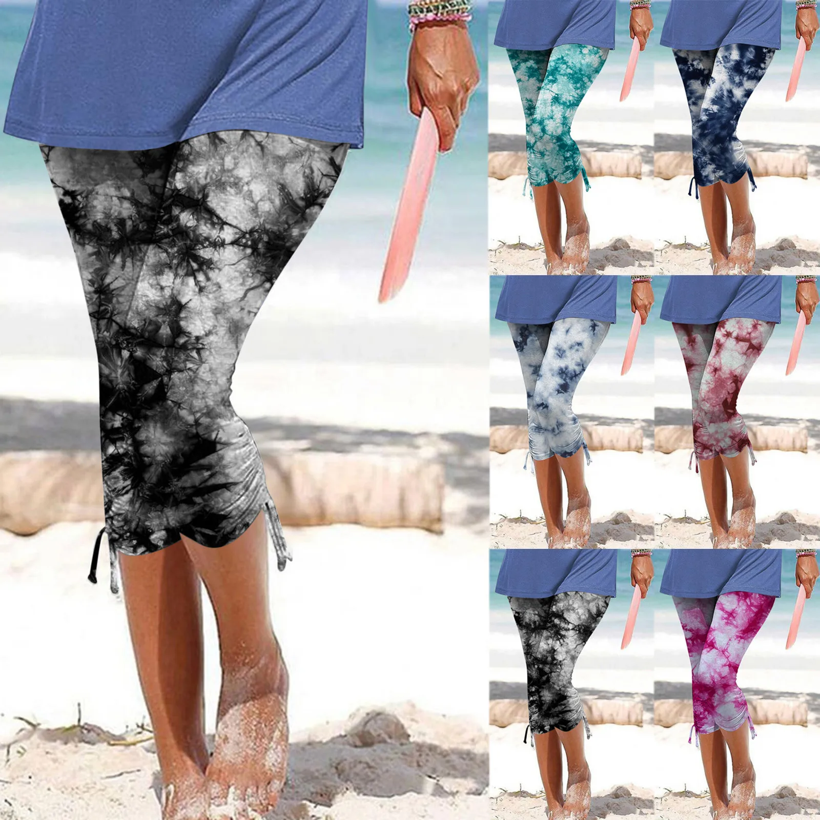 Damskie letnie legginsy Tie-Dye Casual Slim-Fit dopasowane legginsy styl wakacyjny ściągany sznurkiem przycięte spodnie z wysokim stanem