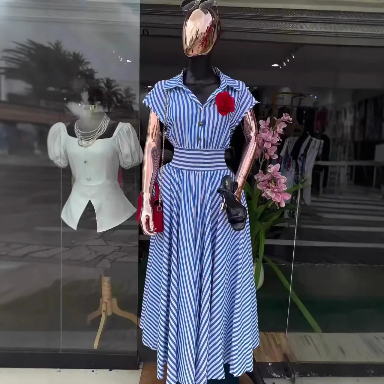 New Women's Stripe Lapel Short Sleeve High Waist Maxi Dress Fit Comfortable Versatile Trendy Daily Commute Vacation Outfit Dress
