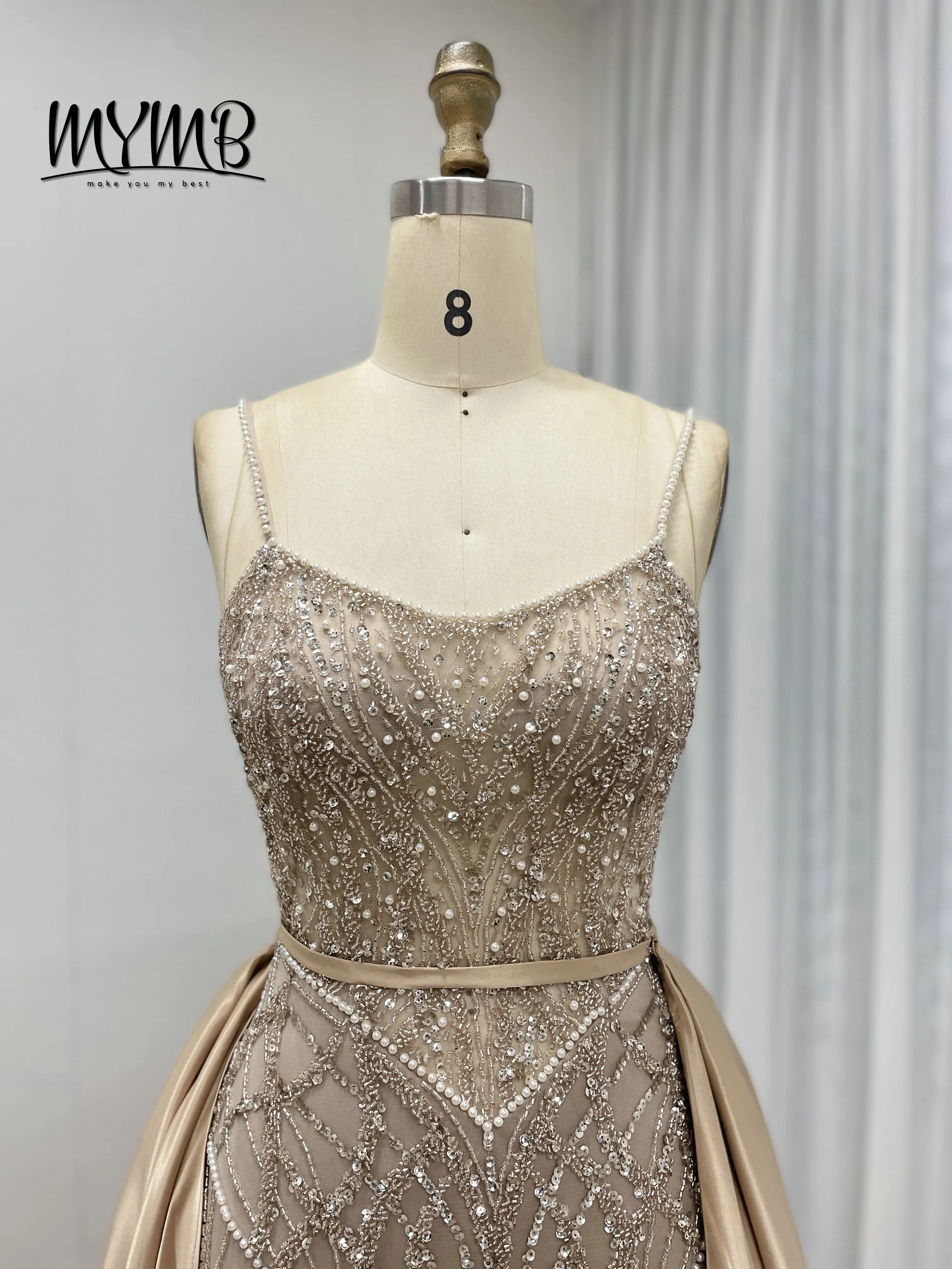 MYMB Luxury Couture Suitable for Banquet Spaghetti Strap Gown Embellished Intricate Beadwork and Detachable Back Train MB40248B