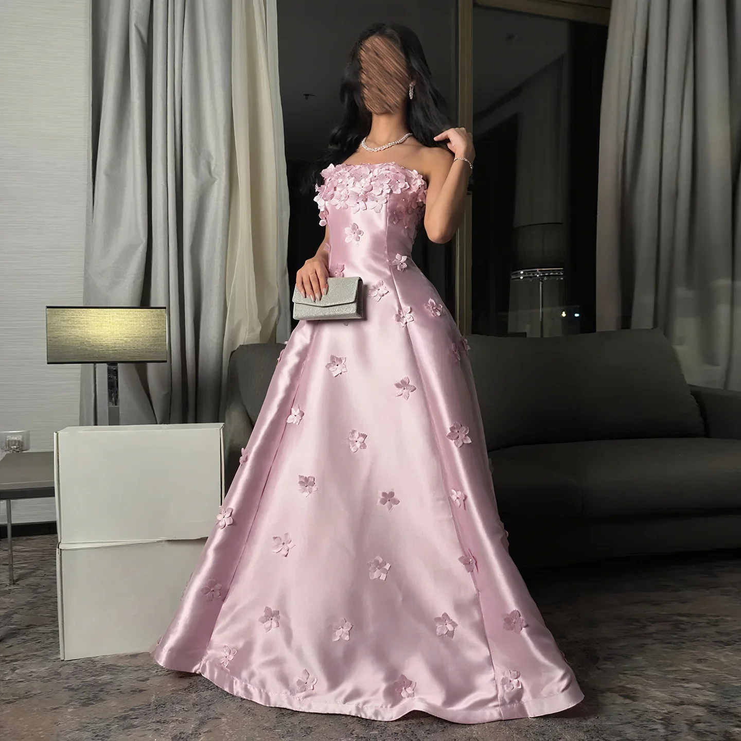 

Sharon Said Elegant Pink Strapless Evening Dress with 3D Flowers Arabic for Women Wedding Party Prom Gown 2025 SF278 Customized