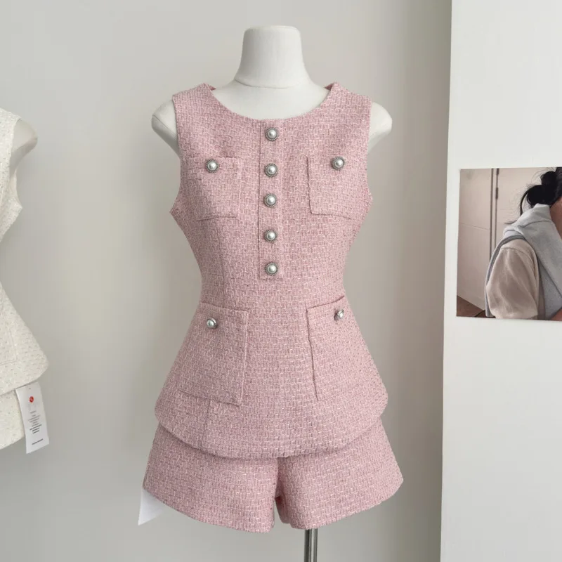 High Quality Female Tweed Sleeveless Vest Top High Waist Shorts Set Women French Slim Summer Sweet Girl Lady Two Piece Outfits