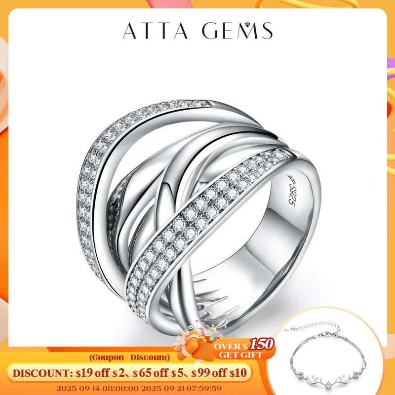 

ATTAGEMS S925 Sliver Moissanite Rings for Women 18K Plated D Color VVS1 Diamond Crossover Wedding Band Party Fine Jeweley Gift